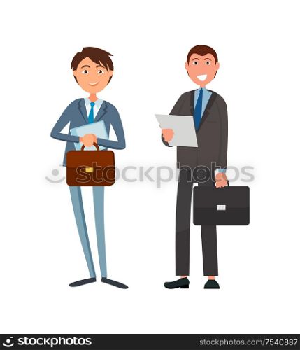 Male office workers in suits vector cartoon characters. Business people leaders with briefcases and paper sheets, successful managers isolated managers. Male Office Workers Suits Vector Cartoon Character