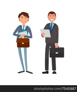 Male office workers in suits vector cartoon characters. Business people leaders with briefcases and paper sheets, successful managers isolated managers. Male Office Workers Suits Vector Cartoon Character