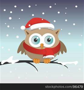 Male owl with Santa Claus hat on a branch in a snowy day. Male owl with Santa Claus hat on a branch in a snowy day. Christmas vector illustration