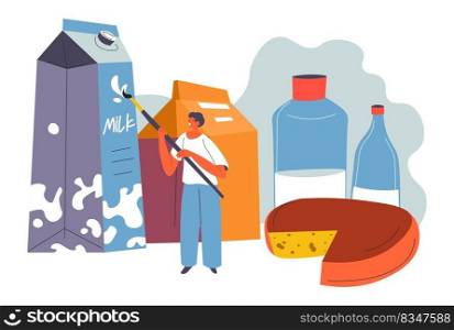 Male painting milk package, design of boxes of dairy products. Cheese and yogurt, branding and advertisement. Designer with brush and imagination. Marketing and ads for shop, vector in flat style. Design of product packages, milk cheese product