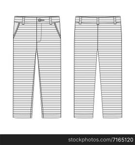 Male pants in stripe fabric. KIds casual trousers design template. Front and back view. Technical sketch of pants. Vector illustration. Male pants in melange fabric. KIds casual trousers design template.