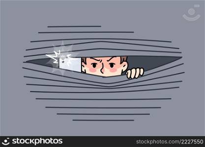 Male paparazzi hide behind curtain take pictures with camera. Man photographer hidden from people make photos with phone. Reporter and journalist job. Flat vector illustration. . Male paparazzi hide behind curtain make pictures 