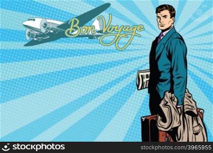 Male passenger traveler in the airport pop art retro vector. Air transport. Tourism and travel retro vector. Retro plane. Male passenger traveler in the airport