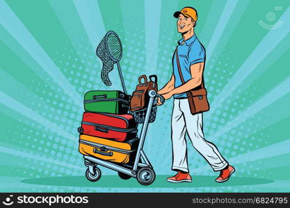 Male passenger traveler with Luggage on the trolley. Pop art retro vector illustration. Male passenger traveler with Luggage on the trolley