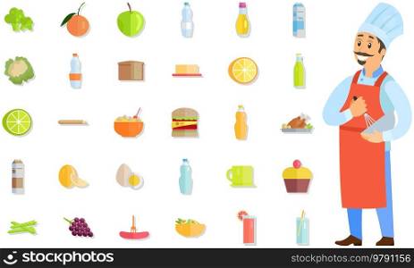 Male pastry chef holding bowl and whisk. Smiling man in apron preparing dessert near food, products icons. Confectioner whips ingredients for dish. Chef works with kitchen equipment to prepare food. Man in apron preparing dish near food, products icons. Chef works with kitchen equipment to cook