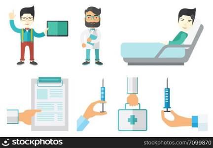 Male patient lying in hospital bed. Smiling patient resting in hospital bed. Hipster doctor holding folder with patient records. Set of vector flat design illustrations isolated on white background.. Vector set of doctor characters and patients.