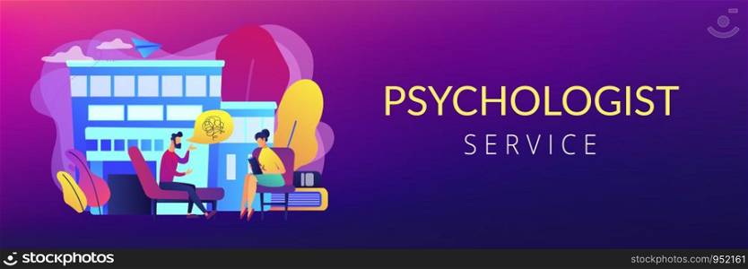 Male patient on coach at psychology consultation talking to psychologist. Psychologist service, private counseling, family psychology concept. Header or footer banner template with copy space.. Psychologist service concept banner header.