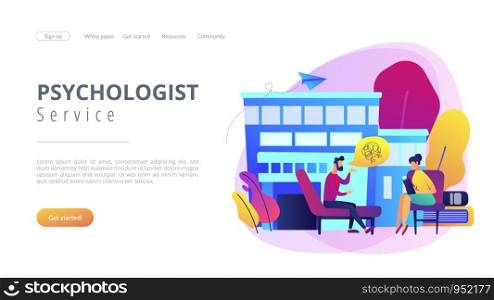 Male patient on coach at psychology consultation talking to psychologist. Psychologist service, private counseling, family psychology concept. Website vibrant violet landing web page template.. Psychologist service concept landing page.
