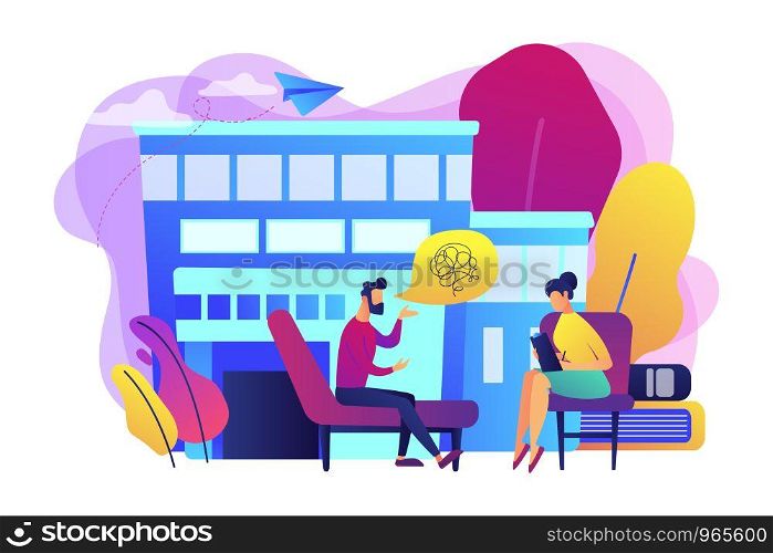 Male patient on coach at psychology consultation talking to psychologist. Psychologist service, private counseling, family psychology concept. Bright vibrant violet vector isolated illustration. Psychologist service concept vector illustration.