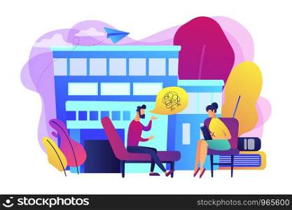 Male patient on coach at psychology consultation talking to psychologist. Psychologist service, private counseling, family psychology concept. Bright vibrant violet vector isolated illustration. Psychologist service concept vector illustration.