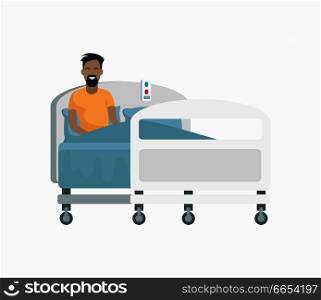 Male patient on hospital bed icon isolated on white background. Vector illustration with man covered with blue blanket sitting on wheeled bed. Male Patient on Hospital Bed Vector Illustration