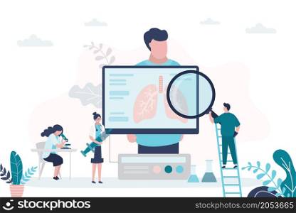 Male patient, pulmonologists check condition, treat lungs. Doctors with magnifying glass and syringe. Technology of analysis respiratory organ. Pulmonology, healthcare banner. Flat vector illustration. Male patient, pulmonologists check condition, treat lungs. Doctors with magnifying glass and syringe. Technology of analysis respiratory organ.