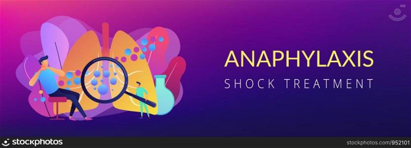 Male patient with anaphylactic symptoms and doctor with magnifier. Anaphylaxis, anaphylaxis shock treatment, allergic reaction help concept. Header or footer banner template with copy space.. Anaphylaxis concept banner header.