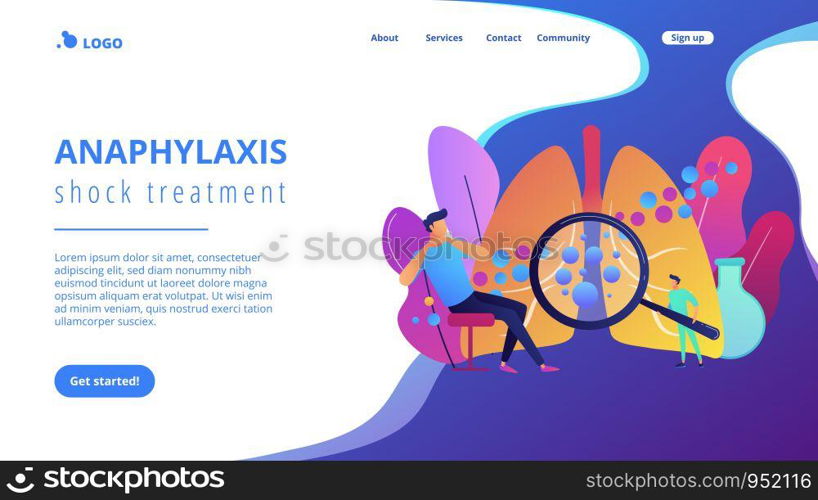 Male patient with anaphylactic symptoms and doctor with magnifier. Anaphylaxis, anaphylaxis shock treatment, allergic reaction help concept. Website vibrant violet landing web page template.. Anaphylaxis concept landing page.