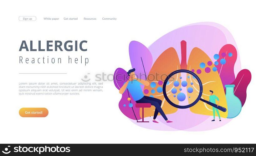 Male patient with anaphylactic symptoms and doctor with magnifier. Anaphylaxis, anaphylaxis shock treatment, allergic reaction help concept. Website vibrant violet landing web page template.. Anaphylaxis concept landing page.