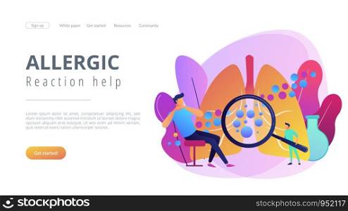 Male patient with anaphylactic symptoms and doctor with magnifier. Anaphylaxis, anaphylaxis shock treatment, allergic reaction help concept. Website vibrant violet landing web page template.. Anaphylaxis concept landing page.
