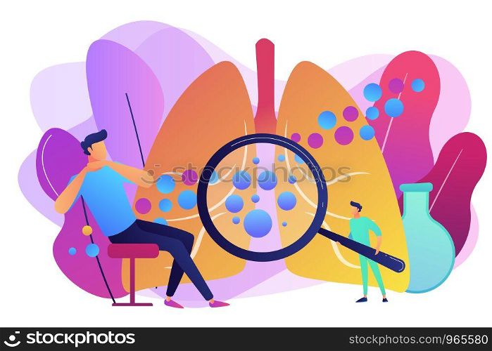 Male patient with anaphylactic symptoms and doctor with magnifier. Anaphylaxis, anaphylaxis shock treatment, allergic reaction help concept. Bright vibrant violet vector isolated illustration. Anaphylaxis concept vector illustration.
