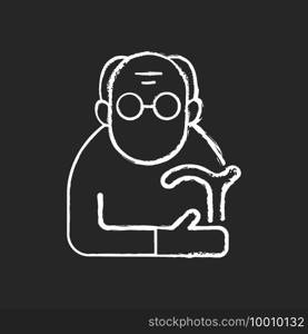 Male pensioner chalk white icon on black background. Senile man. Old age. Retirement from workforce. Aging process. Senior with limited mobility. Isolated vector chalkboard illustration. Male pensioner chalk white icon on black background
