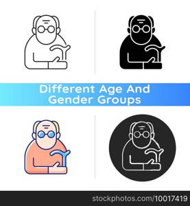 Male pensioner icon. Senile man. Retirement from workforce. Aging process. Senior with limited mobility. Oldest-old population. Linear black and RGB color styles. Isolated vector illustrations. Male pensioner icon