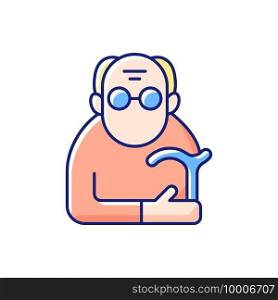 Male pensioner RGB color icon. Senile man. Old age. Retirement from workforce. Aging process. Senior with limited mobility. Oldest-old population. Elderly person. Isolated vector illustration. Male pensioner RGB color icon