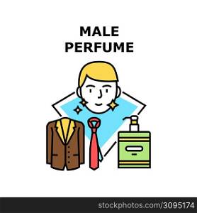 Male Perfume Vector Icon Concept. Male Perfume Elegant Fragrance Bottle With Pump, Businessman Fresh Aroma Perfumery Liquid Applying For Spray Costume Business Suit Color Illustration. Male Perfume Vector Concept Color Illustration