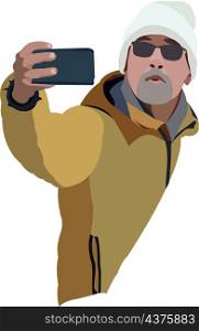 Male person does the selfi with the mobile phone. Male person does the selfi with the mobile phone -
