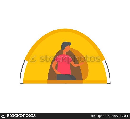 Male person in tent vector isolated character. Shelter at summertime, camping outdoor dwelling and lonely tourist sitting at entrance, resting camper. Male Person in Tent Vector Isolated Man in Shelter