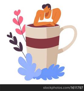 Male personage charmed by cup of freshly brewed coffee. Man enjoying energetic drink, decorative foliage and client of coffeeshop. Advertising of hot beverages, espresso and personage vector. Person standing by big mug of coffee vector
