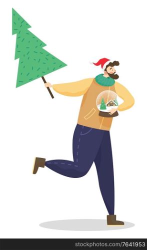 Male personage running with xmas tree in hands. Bearded man holding snow globe with winter landscape inside. Preparation for christmas and greeting with new year holidays. Vector in flat style. Bearded Man Holding Xmas Pine Tree and Snow Globe