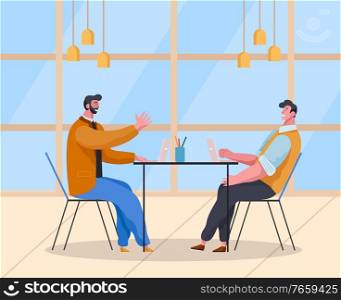 Male personages talking while working on laptops in office. Conference of boss and employee. Managers or partners cooperating. Teamwork of characters at work. Professional workers. Vector in flat. Coworking Male Character in Office with Laptops