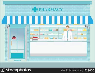 Male pharmacist at the counter in a pharmacy opposite of shelves with medicines, building exterior front view and interior, drug store Health care conceptual vector illustration.