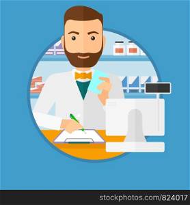 Male pharmacist writing on clipboard and holding prescription in hand. Pharmacist in medical gown standing at pharmacy counter. Vector flat design illustration in the circle isolated on background.. Pharmacist writing prescription.