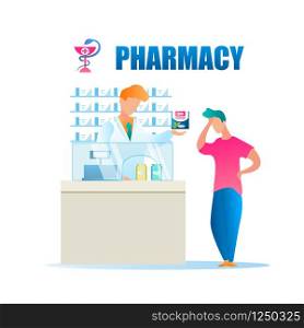 Male Pharmacy Worker Standing Behind Cash Register. Vector Illustration Guy Holding his Head in Pain, Standing Front Shop Window Pharmacy. Pharmacist Draws Medicine to Patient. Head Quenching Drug