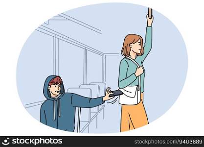 Male pickpocket stealing wallet from female passenger in bus or metro. Man thief take phone or money from woman bag in tram. Burglary and theft concept. Vector illustration.. Pickpocket steal wallet from female bag