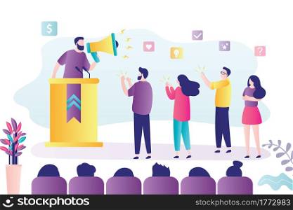 Male politician or business coach gives speech. Man with megaphone at rostrum. Election campaign, speech of a political candidate in front of voters. Group of spectators. Trendy vector illustration. Male politician or business coach gives speech. Man with megaphone at rostrum. Election campaign, speech of a political candidate