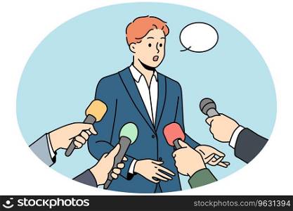 Male politician with speech bubble above head give interview to reporters with microphones. Man in suit speak with journalists with mic. Vector illustration.. Male politician talk with journalists