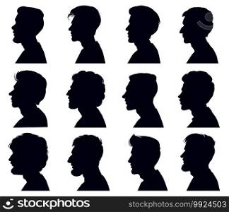 Male profile face silhouette. Adult men anonymous characters shadow portraits. Men heads black outline silhouettes vector illustration set. Guys with different hairstyle and beard isolated. Male profile face silhouette. Adult men anonymous characters shadow portraits. Men heads black outline silhouettes vector illustration set