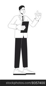 Male project manager holding paperwork flat line black white vector character. Editable outline full body person on white. Business man simple cartoon isolated spot illustration for web graphic design. Male project manager holding paperwork flat line black white vector character