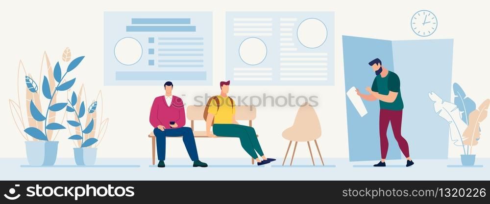 Male Queue to Urologists Office. Guy with Smartphone and Teenager with Backpack. Bearded Man Holding Patient Card with Examination Results Leaves Doctor Cabinet. Cartoon Flat Vector Illustration. Queue to Urologists Office and Man Leaves Cabinet