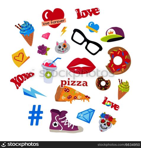Male rap cap, sport footwear, pizza, bitten doughnut, muzzle of cat, human skull with flower, lips, glasses, ice cream, love, cocktail, thunder sign, sticker, diamond, brilliant, hashtag. Vector set. Vector Icons Set Stickers Snack Accessory Items