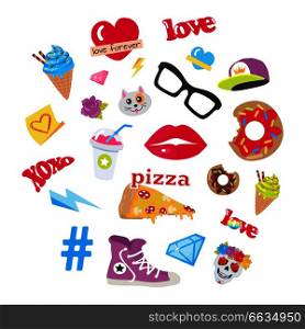 Male rap cap, sport footwear, pizza, bitten doughnut, muzzle of cat, human skull with flower, lips, glasses, ice cream, love, cocktail, thunder sign, sticker, diamond, brilliant, hashtag. Vector set. Vector Icons Set Stickers Snack Accessory Items
