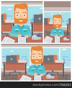 Male real estate agent signing contract. Young real estate agent sitting at workplace in office with a house model on the table. Vector flat design Illustration. Square, horizontal, vertical layouts.. Real estate agent signing contract.