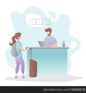 Male receptionist on Reception desk in hotel and female tourist with suitcase and backpack,check in process,vector illustration in trendy style