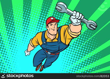 Male repairman with a wrench flying superhero. Comic book cartoon pop art retro vector illustration drawing. Male repairman with a wrench flying superhero