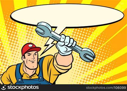 Male repairman with a wrench says comic book bubble. Comic book cartoon pop art retro vector illustration drawing. Male repairman with a wrench says comic book bubble