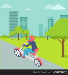Male riding motorbike vector, biker on vehicle in city flat style street with trees and lawns, skyscrapers, motorcyclist man commuting to downtown. Motorbike Rider in City, Modern Town Cityscape