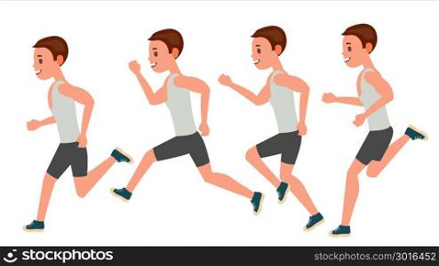 Male Running Vector. Animation Frames Set. Sport Athlete Fitness Character. Marathon Road Race Runner. Side View. Sportswear. Jogging, Workout. Isolated Flat Illustration. Male Running Vector. Animation Frames Set. Sport Athlete Fitness Character. Marathon Road Race Runner. Side View. Sportswear. Jogging, Workout. Isolated Illustration