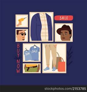 Male sale. Shopping discount men fashion, man wear hat and stylish jacket. Fashionable photo collage, contemporary vector buy now poster. Sale in male shop, discount store post illustration. Male sale. Shopping discount men fashion, man wear hat and stylish jacket. Fashionable photo collage, contemporary vector buy now poster