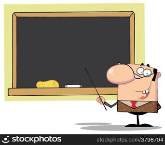 Male School Teacher With A Pointer Displayed On Chalk Board