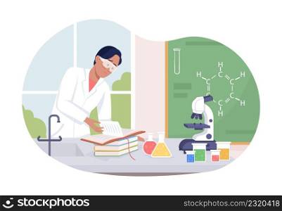 Male scientist 2D vector isolated illustration. School education. High school student flat character on cartoon background. Chemistry class colourful scene for mobile, website, presentation. Male scientist 2D vector isolated illustration